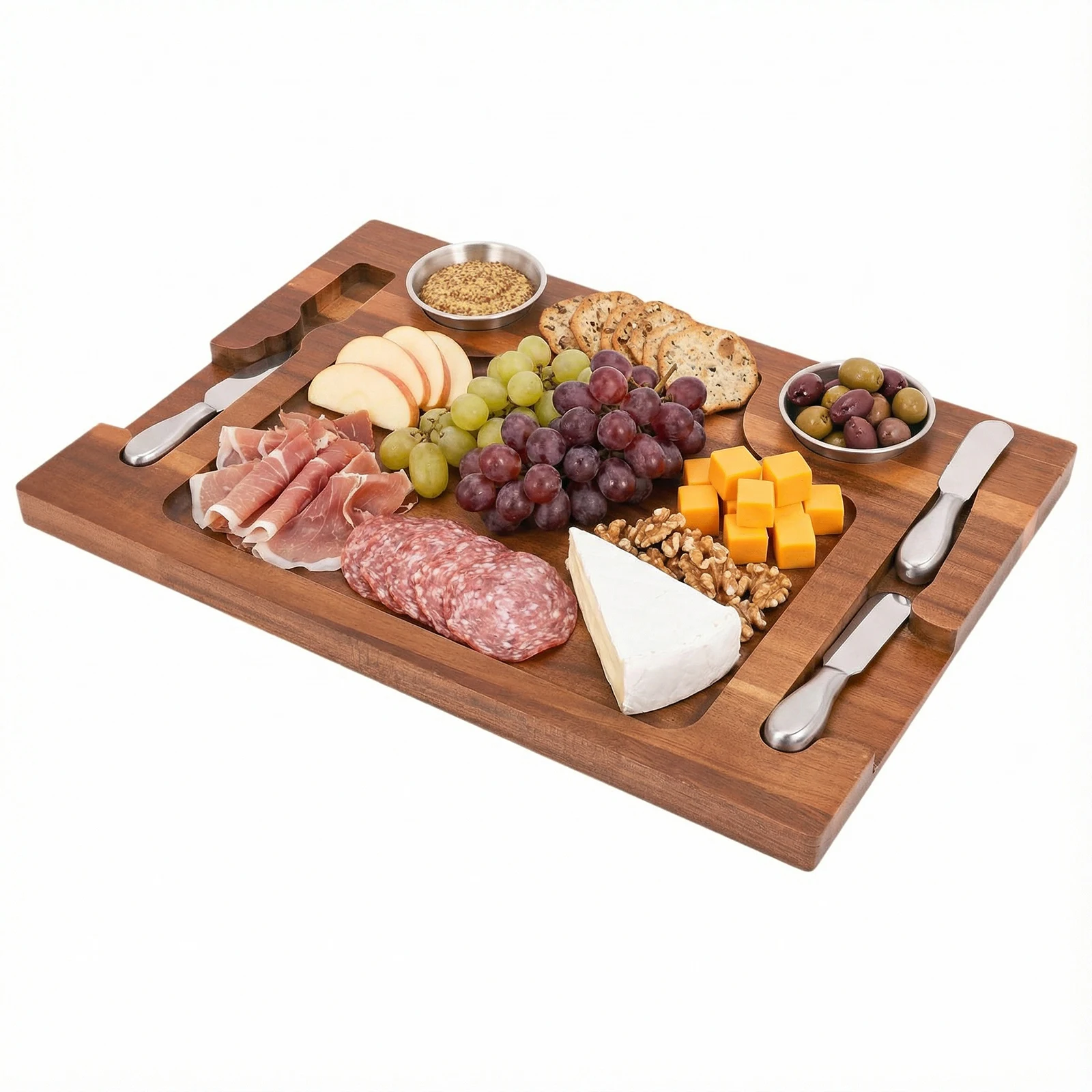 Acacia Wood Serving Plate with Grooves Charcuterie Chopping Board with 2 Sauce Cups for Meat Sausages Cheese
Acacia Wood Serving Plate with Grooves Charcuterie Chopping Board with 2 Sauce Cups for Meat Sausages Cheese