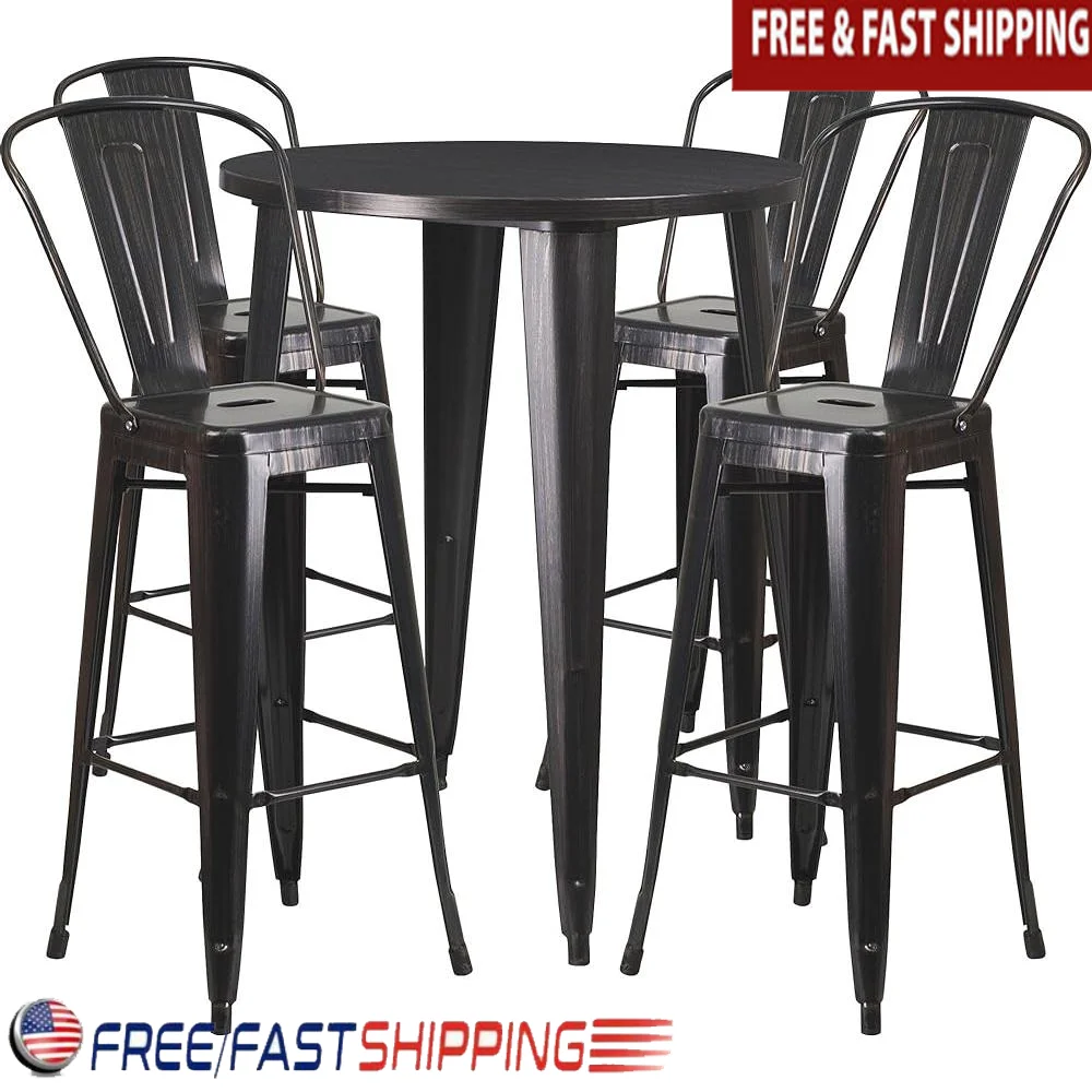 30 Inch Round Bar Table Set with 4 Metal Cafe Stools Indoor Outdoor Use Black Antique Gold Finish
30 Inch Round Bar Table Set with 4 Metal Cafe Stools Indoor Outdoor Use Black Antique Gold Finish