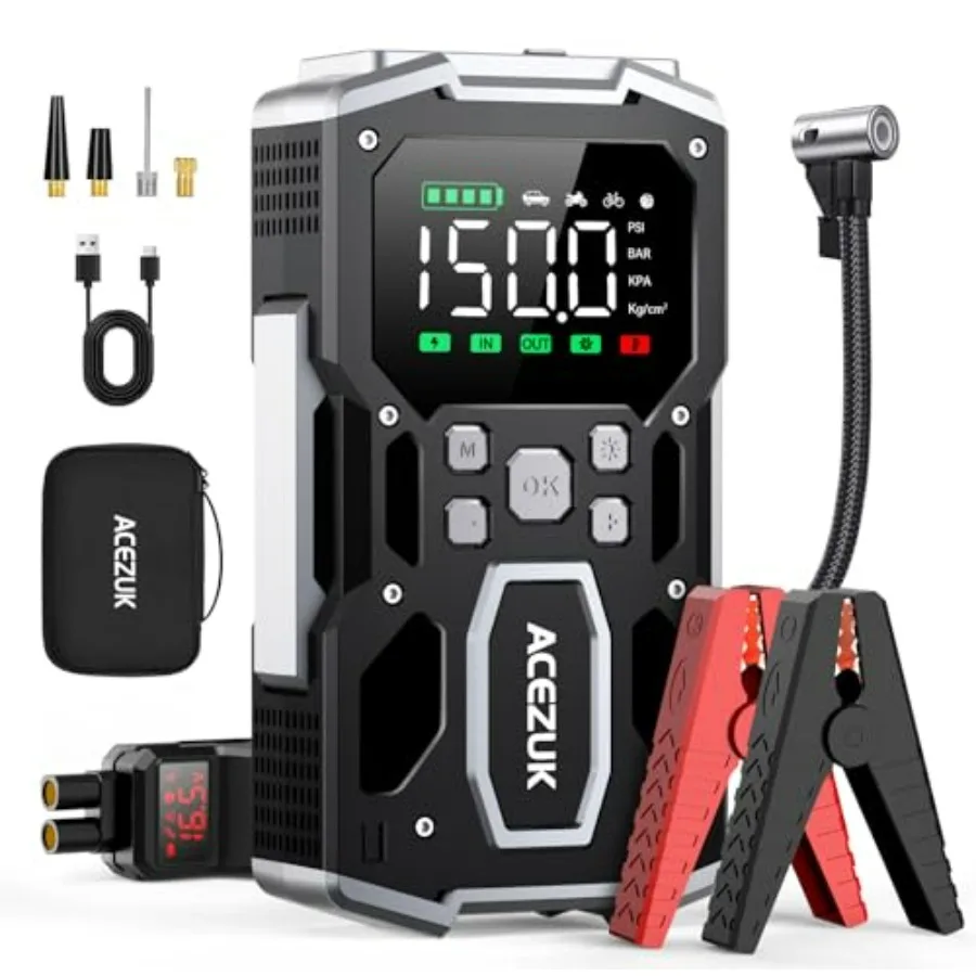Portable Car Jump Starter with Air Compressor 150PSI 8000A Jump Starter for All Gas/10.0L Diesel 12V Battery Jump Box with 3.4
Portable Car Jump Starter with Air Compressor 150PSI 8000A Jump Starter for All Gas/10.0L Diesel 12V Battery Jump Box with 3.4