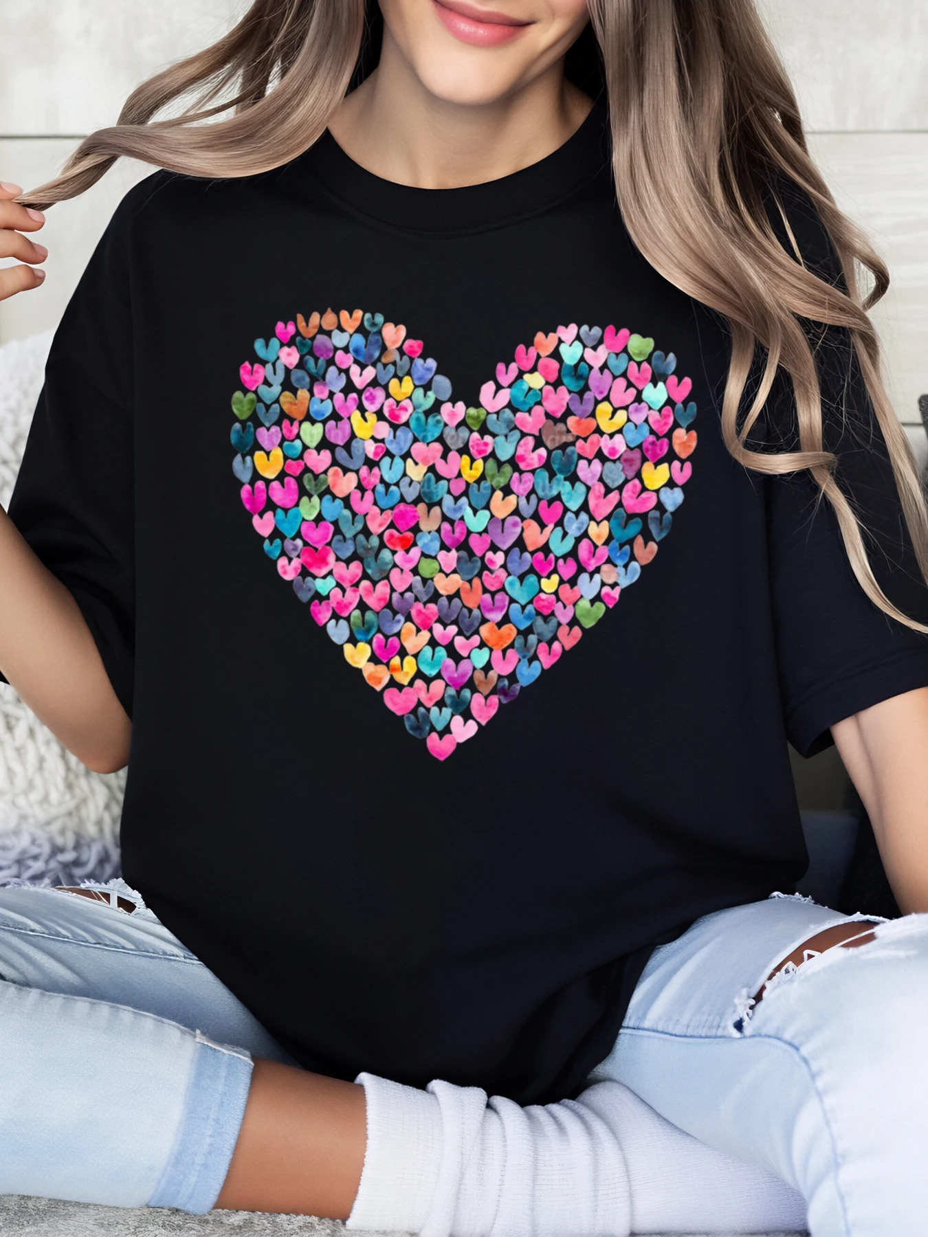 Colorful Hearts Pattern Valentine's Day T-Shirt Women's Casual Wear Black Plus-Size
Colorful Hearts Pattern Valentine's Day T-Shirt Women's Casual Wear Black Plus-Size