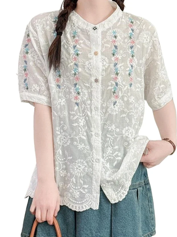 Хлопковая рубашка с цветочной вышивкой, женская свободная блузка с короткими рукавами и пуговицами
Хлопковая рубашка с цветочной вышивкой, женская свободная блузка с короткими рукавами и пуговицами