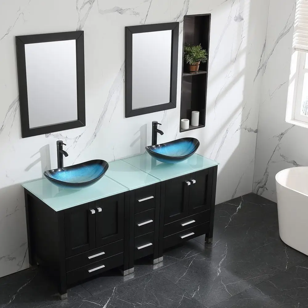 60 Double Wood Vanity Set with Round Tempered Glass Sinks, Chrome Faucets, and Soft-Close Storage for Shared Bathrooms
60 Double Wood Vanity Set with Round Tempered Glass Sinks, Chrome Faucets, and Soft-Close Storage for Shared Bathrooms