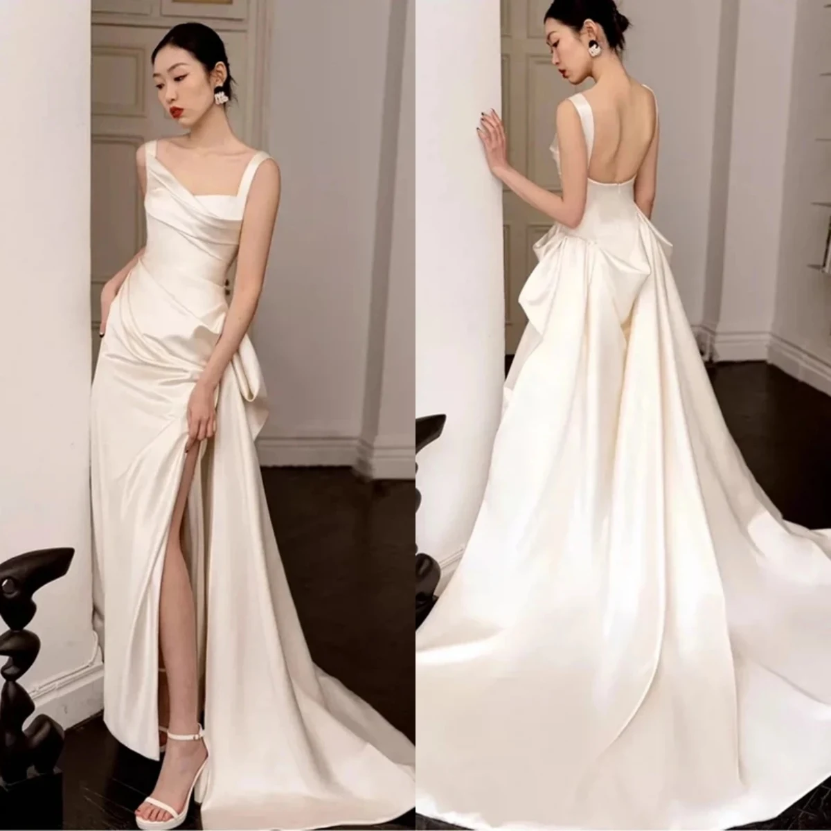 Evening Dresses White Satin Spaghetti Straps Pleat Backless Mermaid Trumpet Floor length Plus size Women Party Formal Gowns
Evening Dresses White Satin Spaghetti Straps Pleat Backless Mermaid Trumpet Floor length Plus size Women Party Formal Gowns