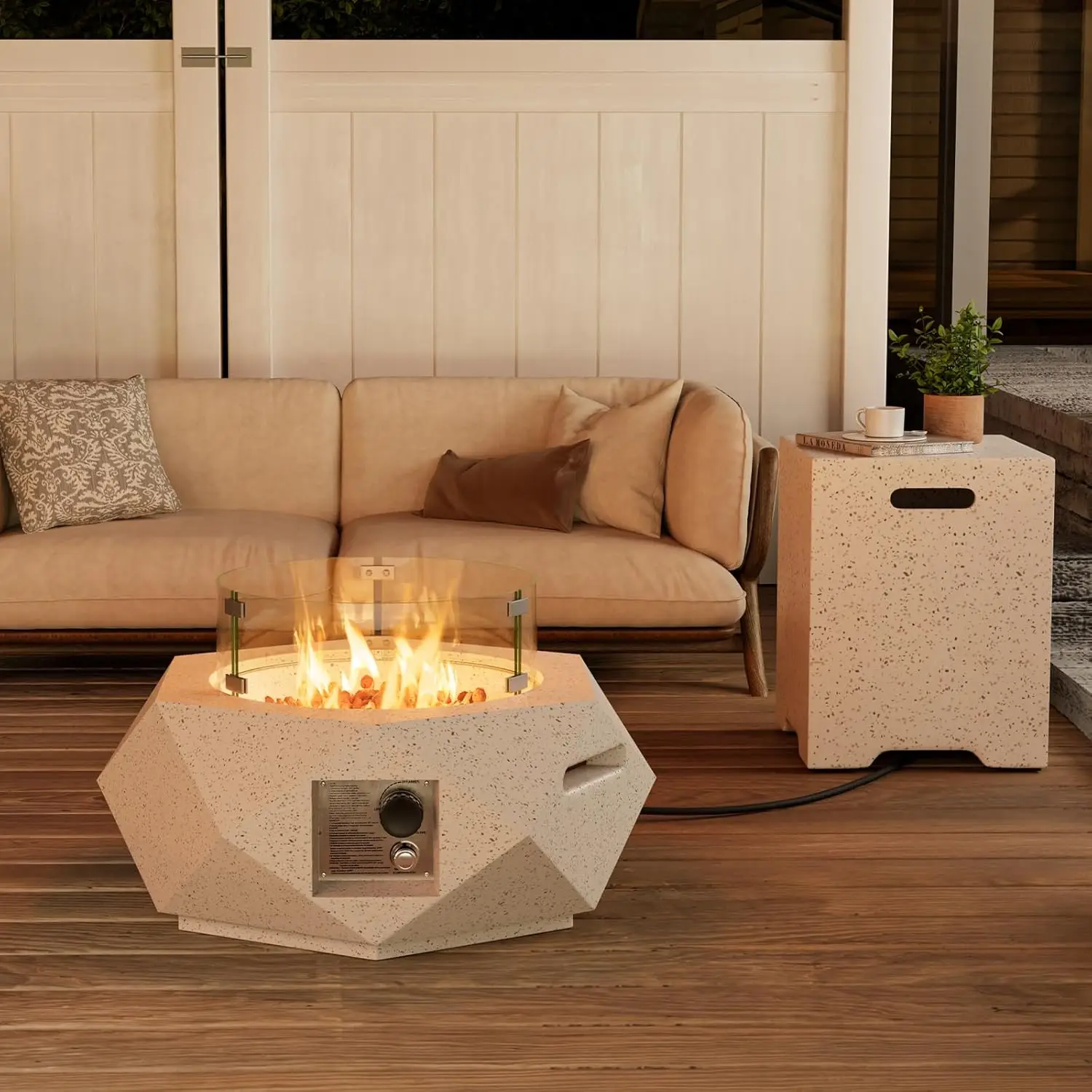 COSIEST 2-Piece Outdoor Propane Firepit Table Set w Tank Table, 24-inch Terrazzo White Hexagon Fire Table, Wind Guard and 16 inc
COSIEST 2-Piece Outdoor Propane Firepit Table Set w Tank Table, 24-inch Terrazzo White Hexagon Fire Table, Wind Guard and 16 inc