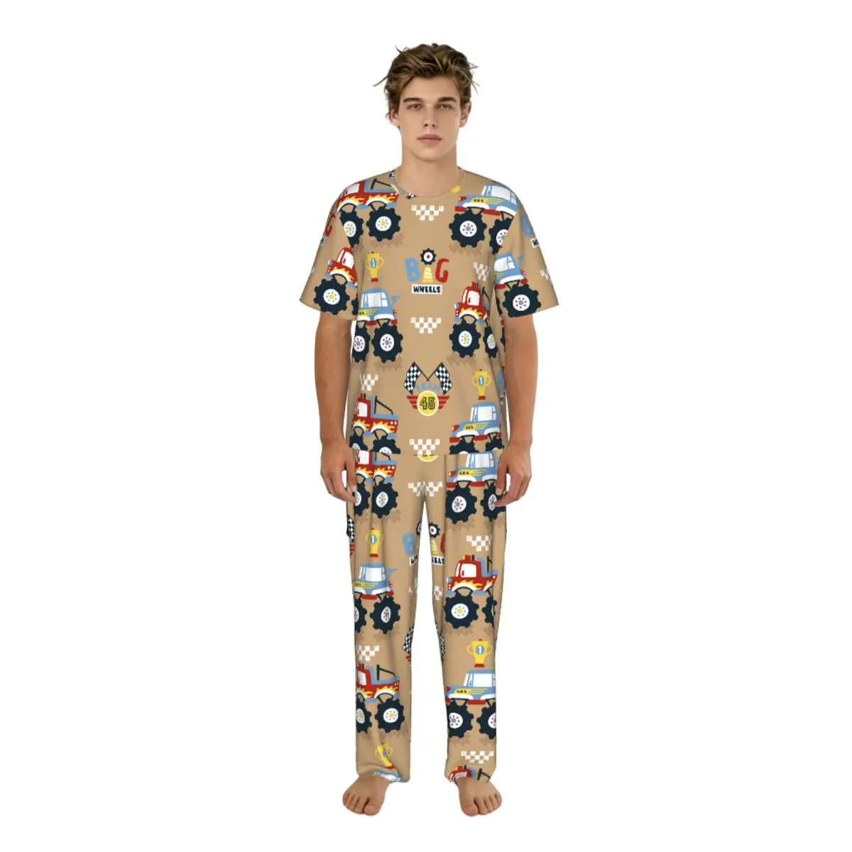 Men's Pajamas Set Summer Short-Sleeve Tops + Long Pants Nightwear Home Wear Suits Cartoon Monster Truck Race Sleepwear
Men's Pajamas Set Summer Short-Sleeve Tops + Long Pants Nightwear Home Wear Suits Cartoon Monster Truck Race Sleepwear