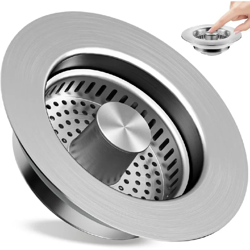 Kitchen Sink Drain Strainer 3 in 1, 304 Stainless Steel Pop Up Sink Stopper, Anti-Clogging for US Standard Drain
Kitchen Sink Drain Strainer 3 in 1, 304 Stainless Steel Pop Up Sink Stopper, Anti-Clogging for US Standard Drain