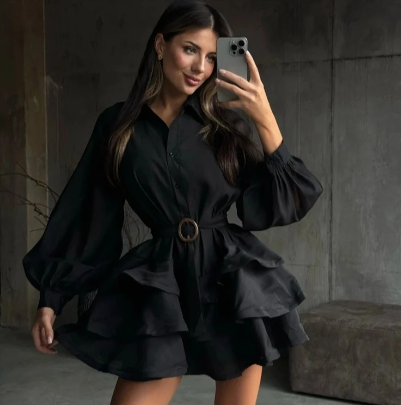 Women's Elegant Black Dress, Spring New Lapel Collar Puffy Dress, Long Sleeves Single Breasted Belt Commuting Dress
Women's Elegant Black Dress, Spring New Lapel Collar Puffy Dress, Long Sleeves Single Breasted Belt Commuting Dress