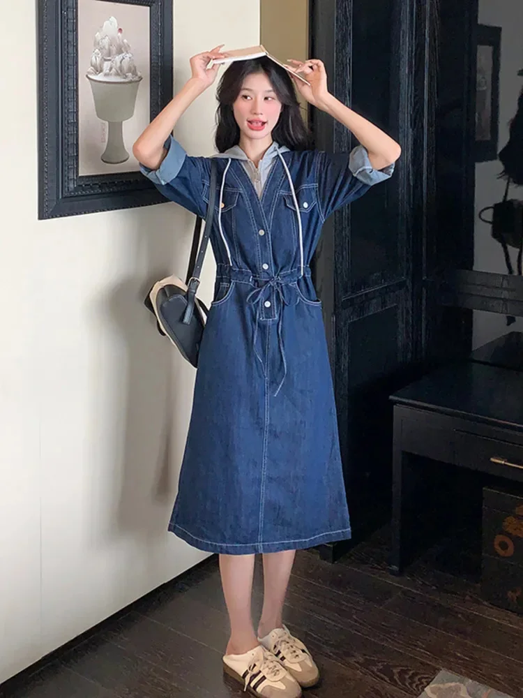 Denim Dress For Female Long Sleeve Lace Up Splicing 2025 Spring New Fashion Korean Style Hooded Women's Dresses 2DE107
Denim Dress For Female Long Sleeve Lace Up Splicing 2025 Spring New Fashion Korean Style Hooded Women's Dresses 2DE107