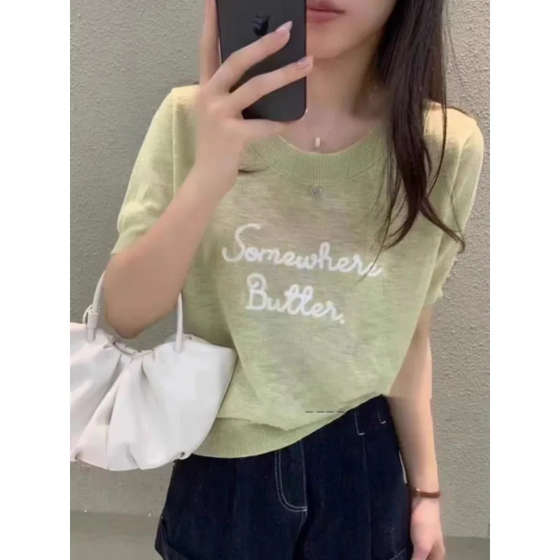 Letter embroidery ice silk knitted short sleeve women's summer shoulder round neck thin top loose T-shirt
Letter embroidery ice silk knitted short sleeve women's summer shoulder round neck thin top loose T-shirt