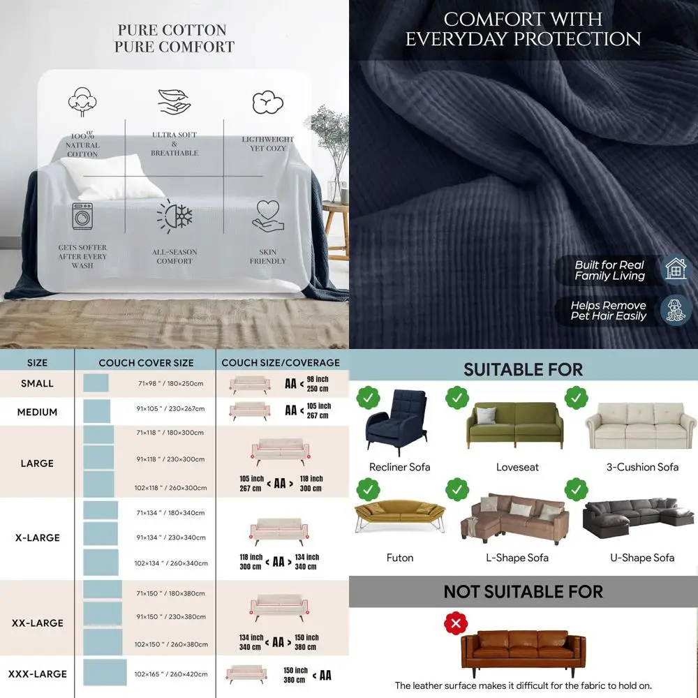 100% Natural Cotton Couch Cover for Loveseat, Sectional L-Shape Sofa, 4-Layer Muslin Boho Style, 102 Width, Space Blue, 102x134/
100% Natural Cotton Couch Cover for Loveseat, Sectional L-Shape Sofa, 4-Layer Muslin Boho Style, 102 Width, Space Blue, 102x134/