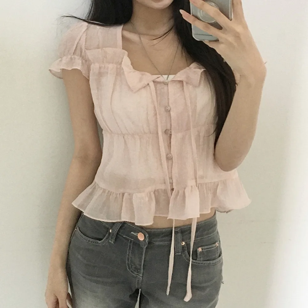 French Style Sweet Anti-Aging Wooden Ruffle Short Sleeve Shirt Women's Top Waist-Cinching Bow-Tied Bubbled-Sleeve Blouse
French Style Sweet Anti-Aging Wooden Ruffle Short Sleeve Shirt Women's Top Waist-Cinching Bow-Tied Bubbled-Sleeve Blouse