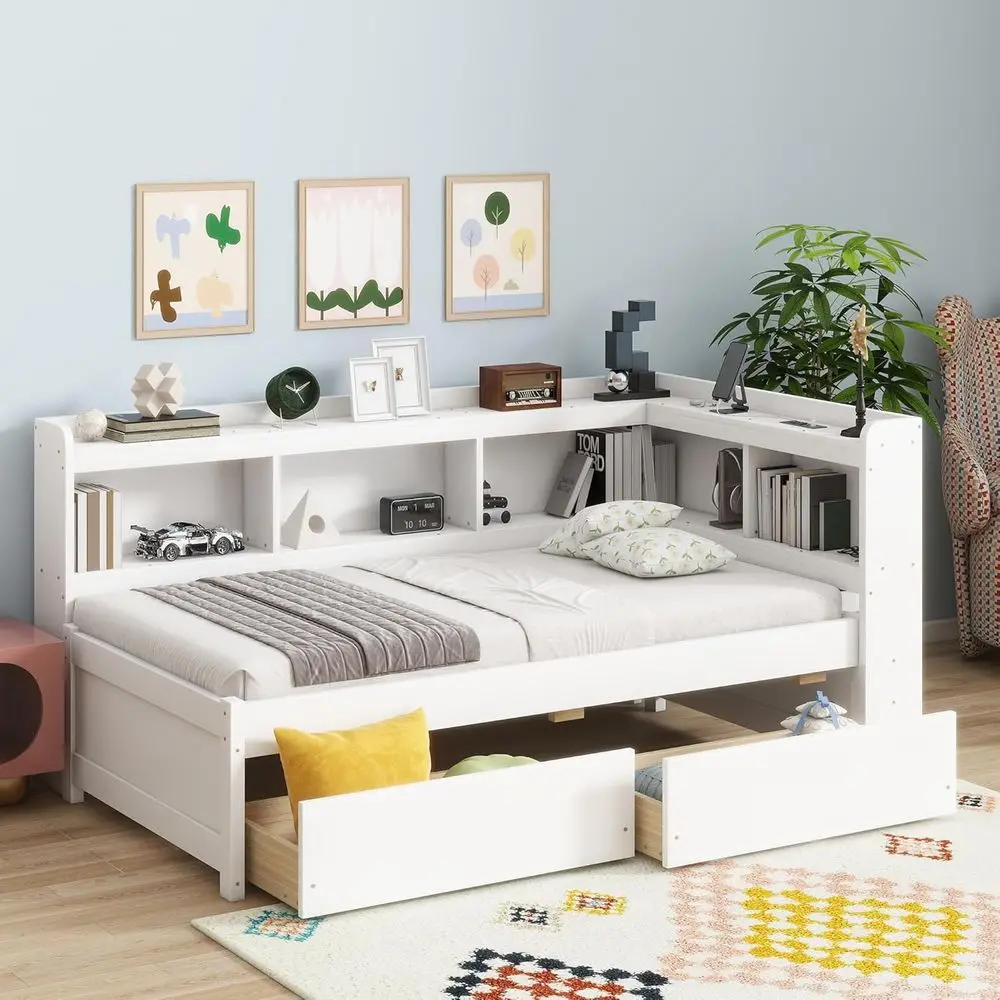 Twin Size Kids Bed with L-Shaped Bookshelves, Power & USB Ports, Storage Drawers, Space-Saving Platform Bed with Charging Statio
Twin Size Kids Bed with L-Shaped Bookshelves, Power & USB Ports, Storage Drawers, Space-Saving Platform Bed with Charging Statio