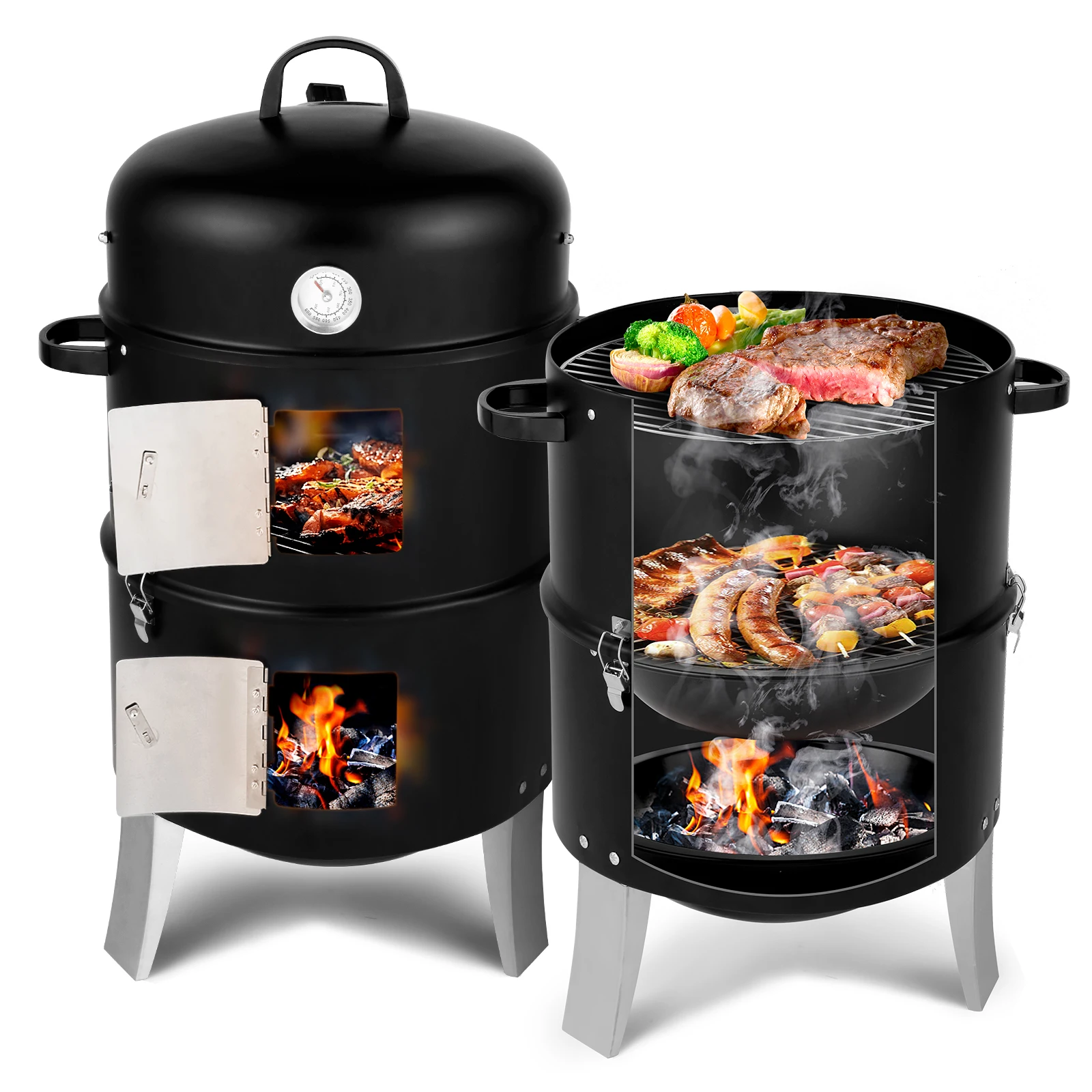 Vertical Steel Charcoal Smoker Heavy Duty Double Layer Round BBQ Grill for Outdoor Cooking Black with Thermometer Chrome Grates
Vertical Steel Charcoal Smoker Heavy Duty Double Layer Round BBQ Grill for Outdoor Cooking Black with Thermometer Chrome Grates