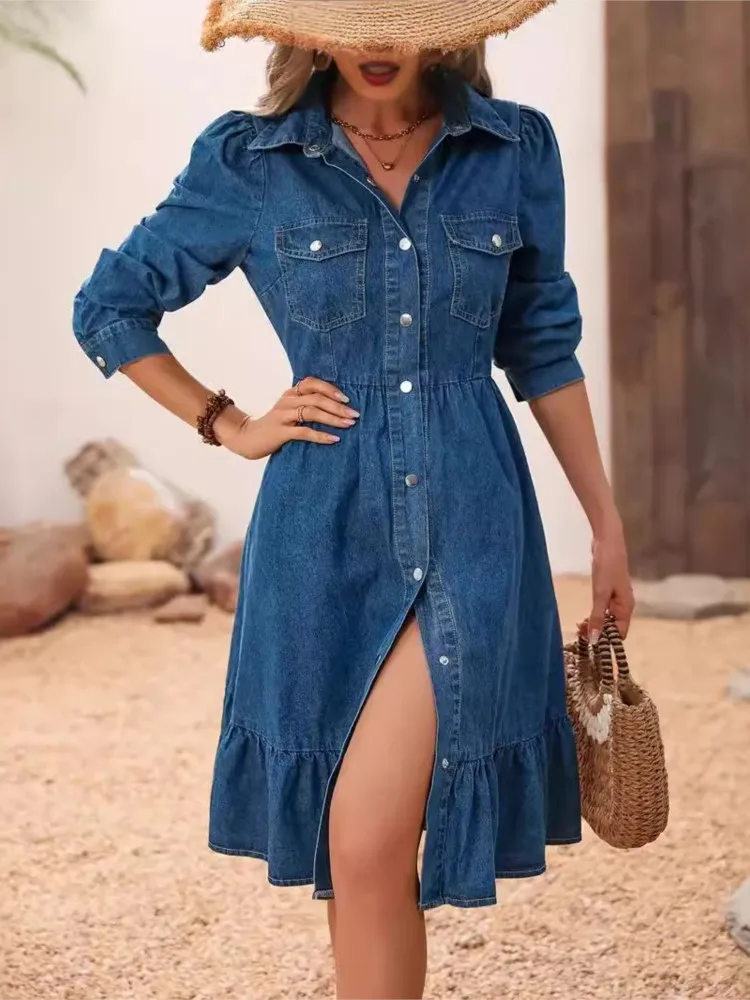 Fashion Women's Blue Denim Dresses Elegant Button Shirt Midi Dress 2025 Spring Autumn New Casual Dress Robe Female New Clothing
Fashion Women's Blue Denim Dresses Elegant Button Shirt Midi Dress 2025 Spring Autumn New Casual Dress Robe Female New Clothing