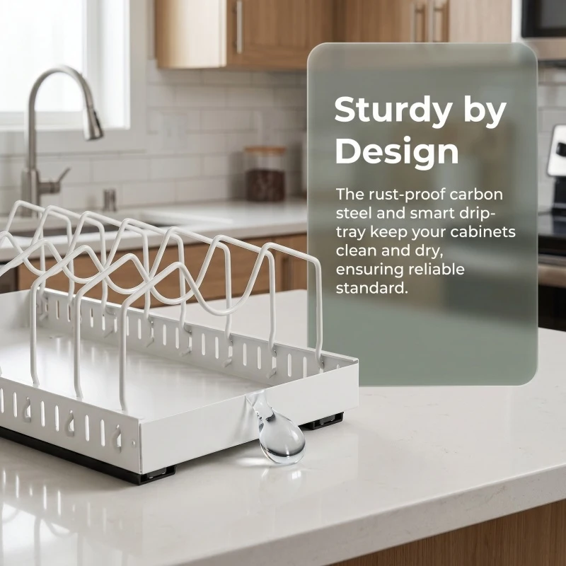 Under Cabinet Sliding Pots and Pans Organizer - Pull Out Kitchen Storage Tray with 8 Adjustable Dividers for Lids and Cookware
Under Cabinet Sliding Pots and Pans Organizer - Pull Out Kitchen Storage Tray with 8 Adjustable Dividers for Lids and Cookware
