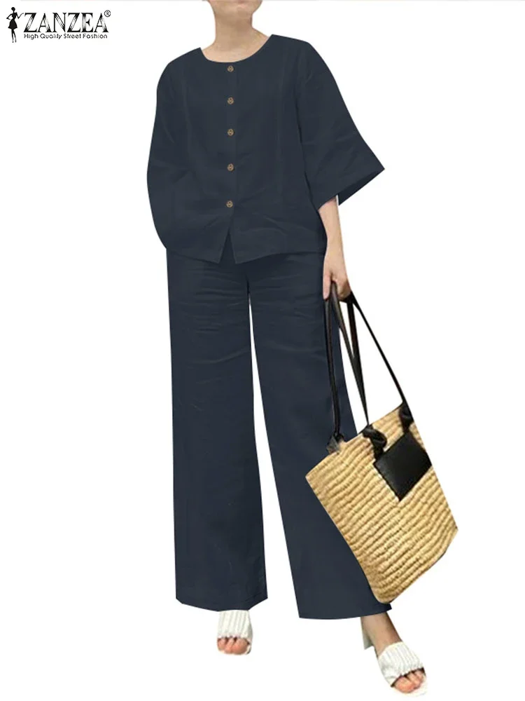 ZANZEA Spring Wide Leg Trousers Suit 2PCS Outfits Fashion O Neck Long Sleeve Blouse Casual Pant Sets Women Work Matching Sets
ZANZEA Spring Wide Leg Trousers Suit 2PCS Outfits Fashion O Neck Long Sleeve Blouse Casual Pant Sets Women Work Matching Sets