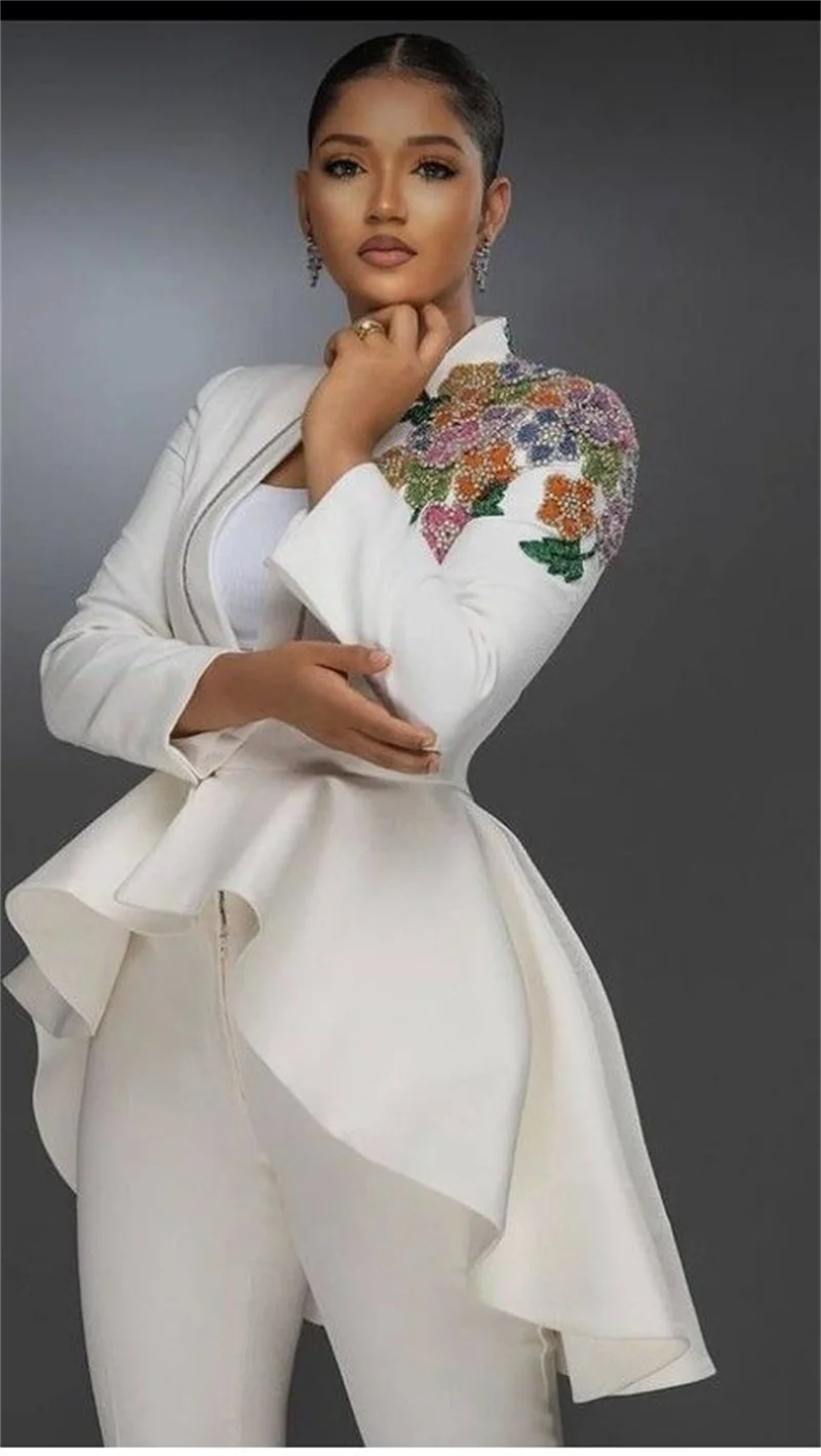 White Women Suit Set 2 Piece Crystals Blazer+Pants Trousers Formal Office Lady Jacket Ruffles Hem Cotton Wedding Coat Customized
White Women Suit Set 2 Piece Crystals Blazer+Pants Trousers Formal Office Lady Jacket Ruffles Hem Cotton Wedding Coat Customized