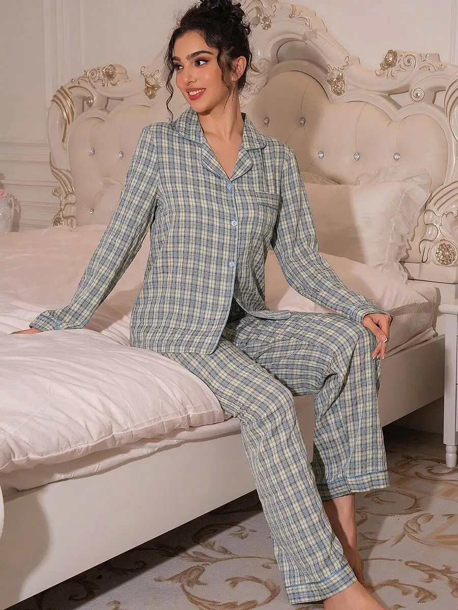 Plaid Lapel Long Sleeve Pajama Set Women Cozy Elegant Sleepwear Fall Winter
Plaid Lapel Long Sleeve Pajama Set Women Cozy Elegant Sleepwear Fall Winter