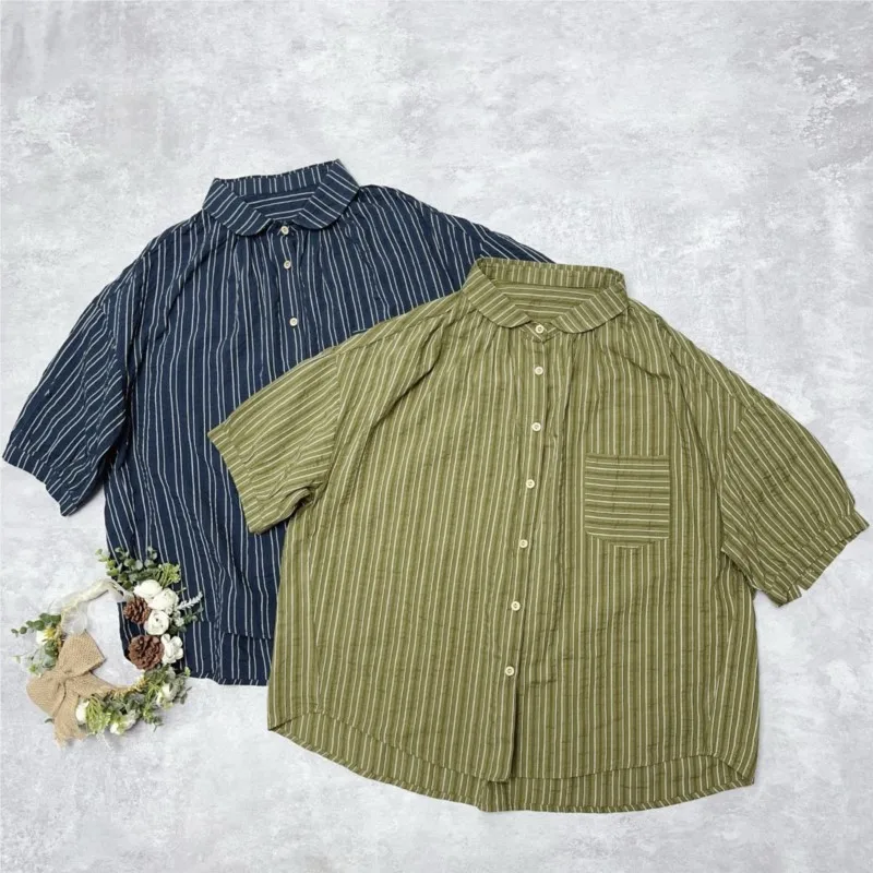 Johnature New Summer Vintage Striped Short-sleeve Shirt For Women Japanese Lapel Loose Shirt 2025 New
Johnature New Summer Vintage Striped Short-sleeve Shirt For Women Japanese Lapel Loose Shirt 2025 New