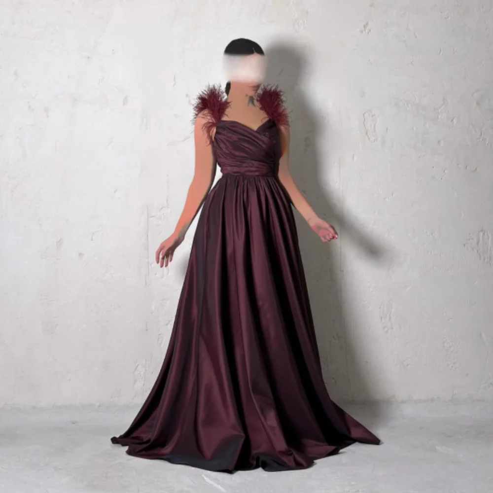 Customized Feathers Sweetheart Satin Prom Gowns Draped Sweep Train A-line Evening Dresses Pleat Party Dresses
Customized Feathers Sweetheart Satin Prom Gowns Draped Sweep Train A-line Evening Dresses Pleat Party Dresses