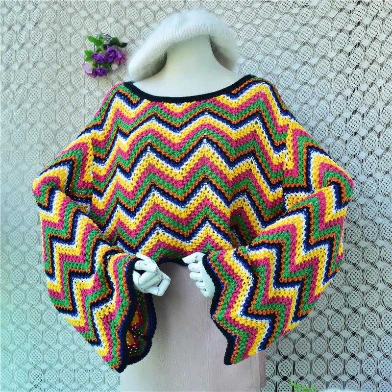 Women Rainbow Striped Autumn Winter Clothing Hand Knitting O-Neck Long Flare Sleeves Loose Outwear weater Jumper Pull Jersey Top
Women Rainbow Striped Autumn Winter Clothing Hand Knitting O-Neck Long Flare Sleeves Loose Outwear weater Jumper Pull Jersey Top