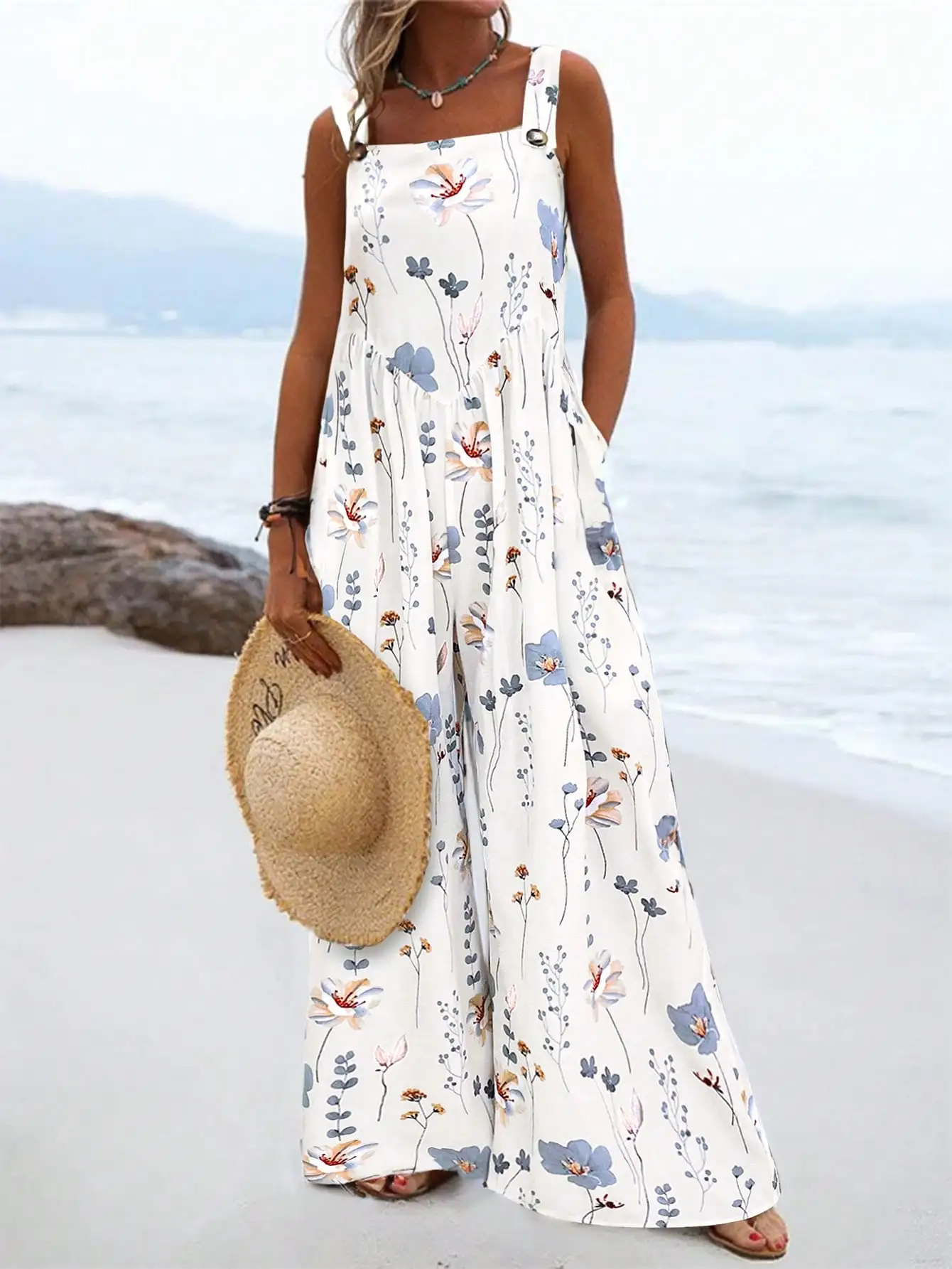 Palazzo printed jumpsuit: square neckline; breathable cover-up for the beach and resort dinners
Palazzo printed jumpsuit: square neckline; breathable cover-up for the beach and resort dinners