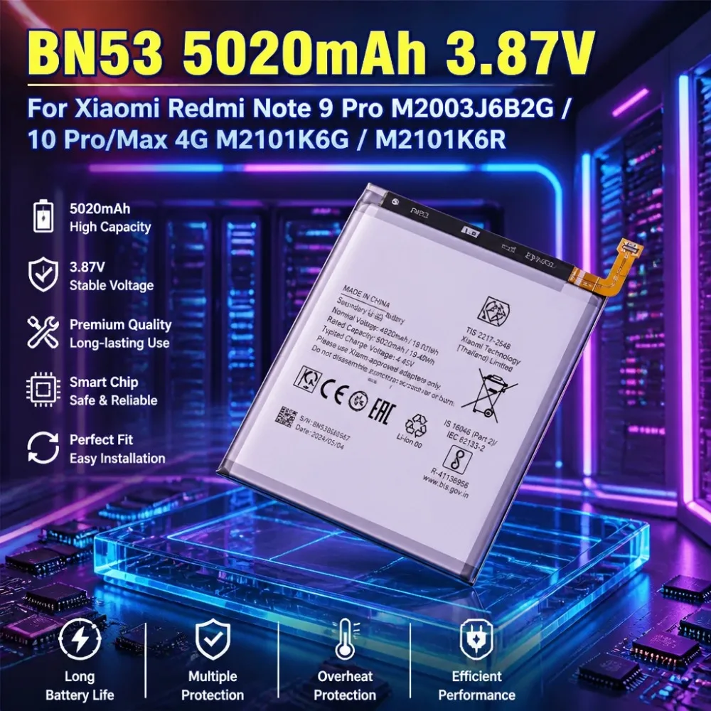 BN53 5020mAh Battery For Xiaomi Redmi Note 9 Pro M2003J6B2G Redmi Note 10 Pro/Max 4G M2101K6G M2101K6R Replacement Battery
BN53 5020mAh Battery For Xiaomi Redmi Note 9 Pro M2003J6B2G Redmi Note 10 Pro/Max 4G M2101K6G M2101K6R Replacement Battery