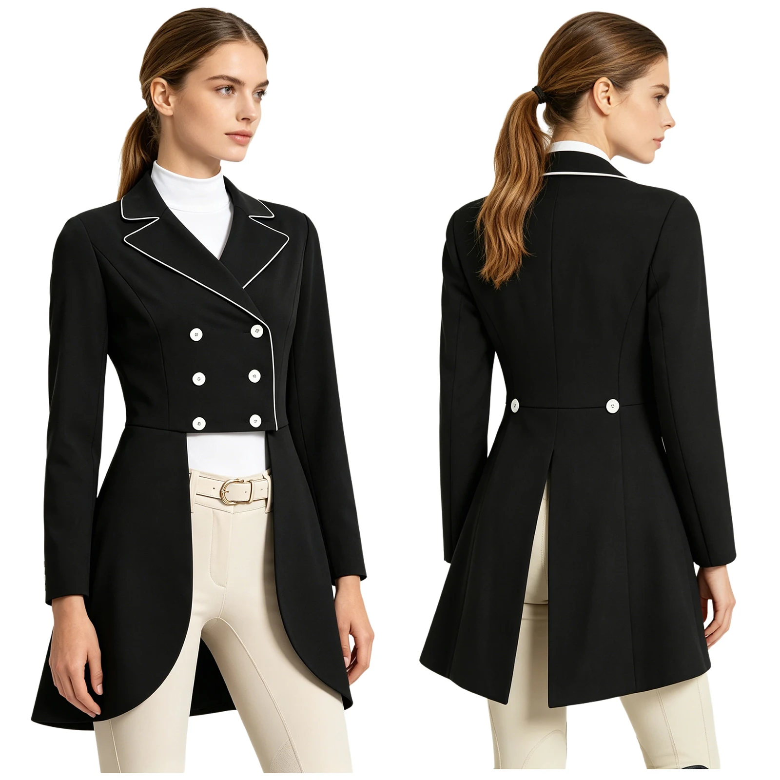 Womens Equestrian Dressage Jacket Outerwear Notched Lapel Long Sleeve Double-breasted Horse Riding Tailcoat for Competition Show
Womens Equestrian Dressage Jacket Outerwear Notched Lapel Long Sleeve Double-breasted Horse Riding Tailcoat for Competition Show