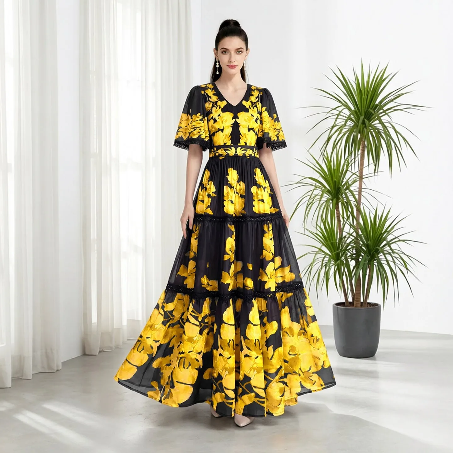 Large Size Floral Print Gown with Pleated Skirt And Bell Sleeves for Dance Performance Elegant French Style Casual Wear
Large Size Floral Print Gown with Pleated Skirt And Bell Sleeves for Dance Performance Elegant French Style Casual Wear