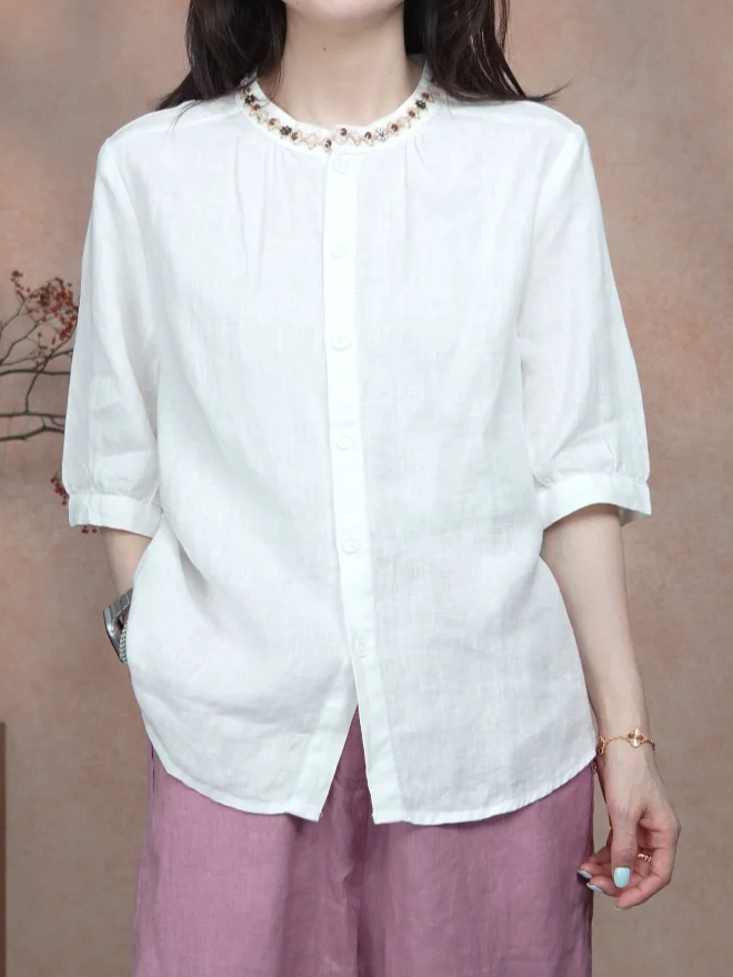 Artistic Pure Color Stand Collar Five Sleeve Shirt Women's New 2026 Summer Slimming Versatile Ageless Top Casual Wear
Artistic Pure Color Stand Collar Five Sleeve Shirt Women's New 2026 Summer Slimming Versatile Ageless Top Casual Wear