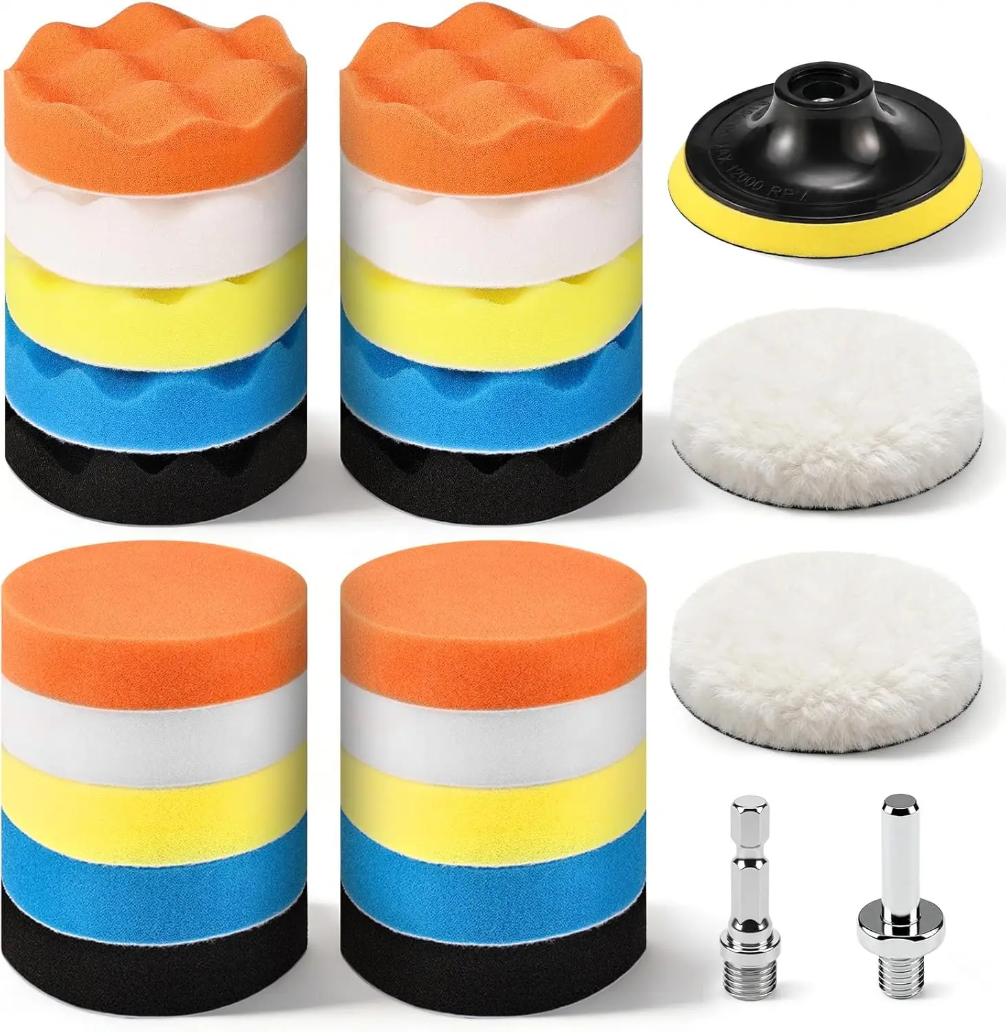 24 Pcs Car Polishing Pads Kit with Wool Pads for Drill, Foam Sponge Buffer for Headlight Restoration, Waxing and Cleaning
24 Pcs Car Polishing Pads Kit with Wool Pads for Drill, Foam Sponge Buffer for Headlight Restoration, Waxing and Cleaning