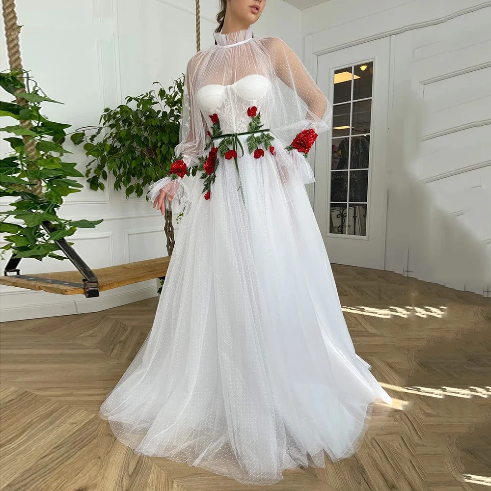 Вечернее платье по индивидуальному заказу с белыми цветами и аппликациями длиной до пола, с высоким воротом и длинными рукавами, трапециевидной формы, большие размеры, женские вечерние платья 
Вечернее платье по индивидуальному заказу с белыми цветами и аппликациями длиной до пола, с высоким воротом и длинными рукавами, трапециевидной формы, большие размеры, женские вечерние платья