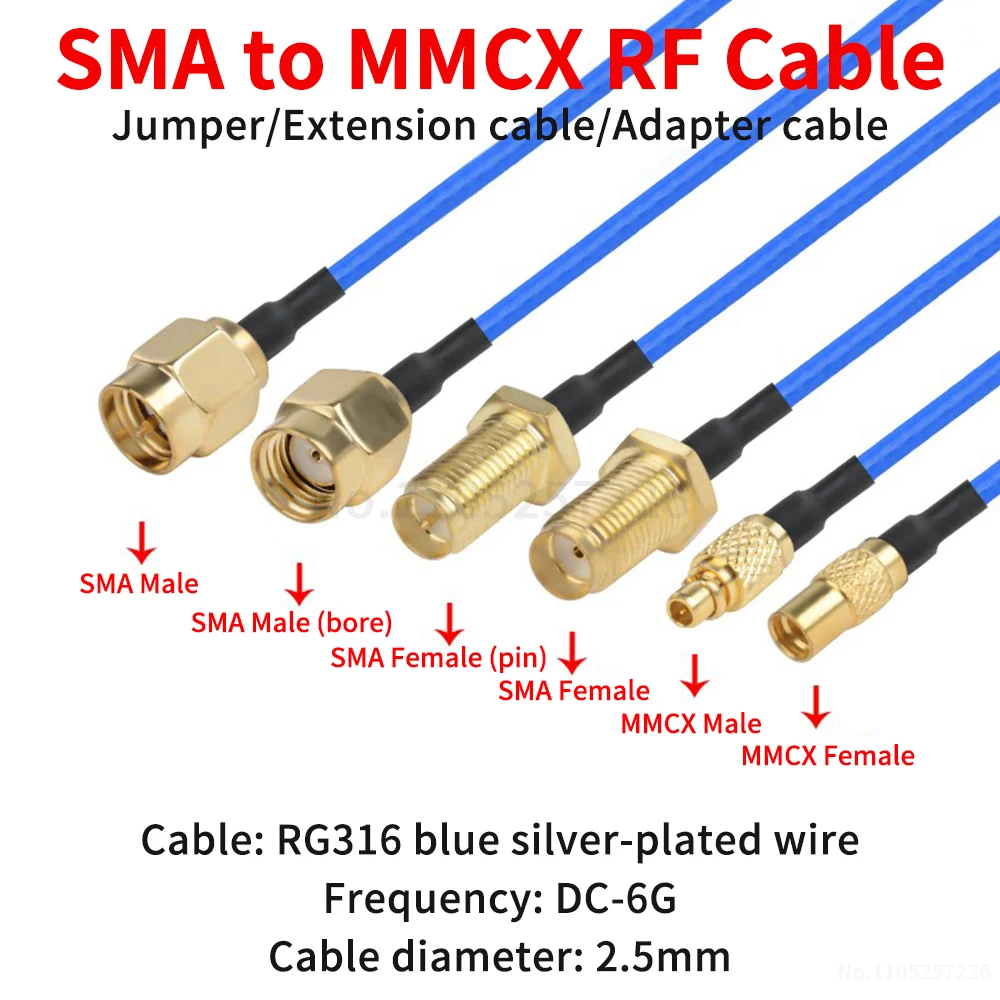 SMA to MMCX Male/Female (Ultra-flexible RG316 blue RF adapter cable) SMA to MMCX signal extension cable (1 pcs)
SMA to MMCX Male/Female (Ultra-flexible RG316 blue RF adapter cable) SMA to MMCX signal extension cable (1 pcs)
