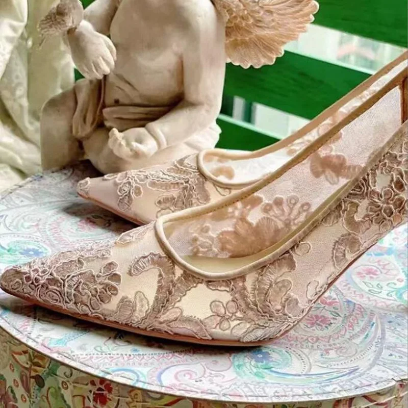 Champagne Lace Shoes Modern Pointed Toe floral Mesh Cover Heels Concise Bride Wedding Dress Shoes
Champagne Lace Shoes Modern Pointed Toe floral Mesh Cover Heels Concise Bride Wedding Dress Shoes