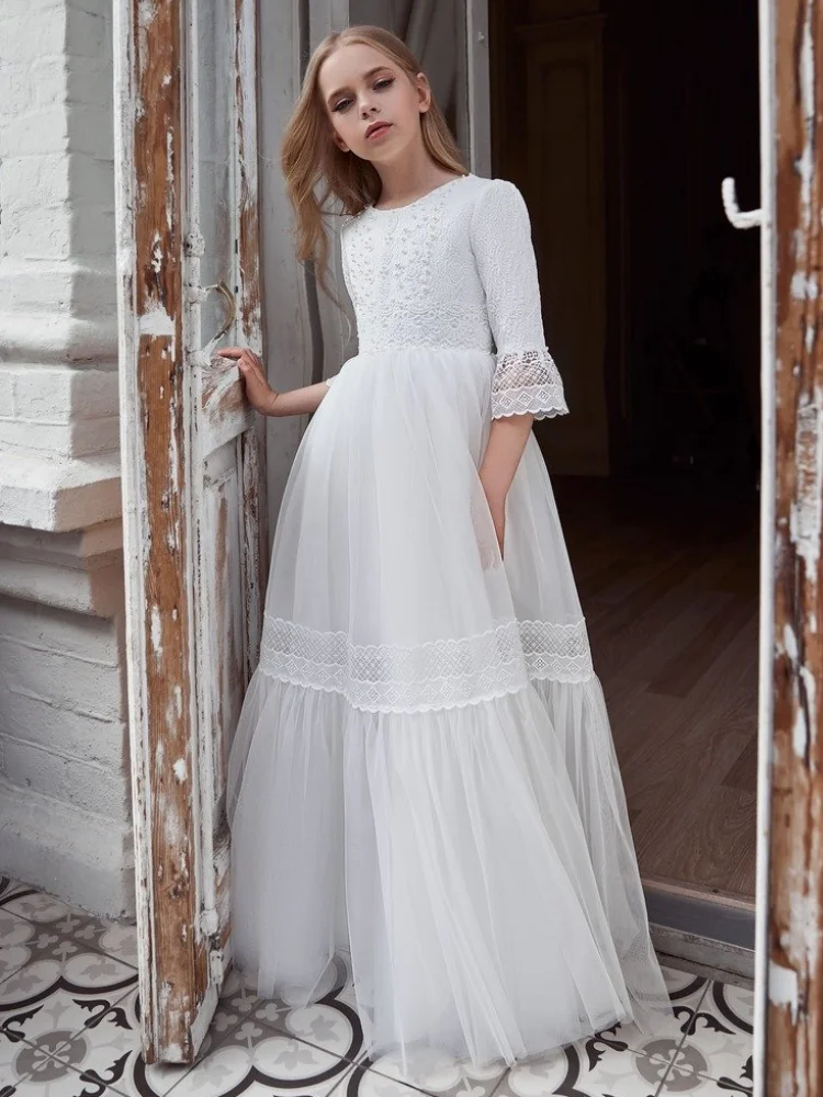 Bohemian Flower Girl Dresses White Tulle Lace Appliques Half Sleeve For Wedding Birthday Banquet First Communion Gowns
Bohemian Flower Girl Dresses White Tulle Lace Appliques Half Sleeve For Wedding Birthday Banquet First Communion Gowns