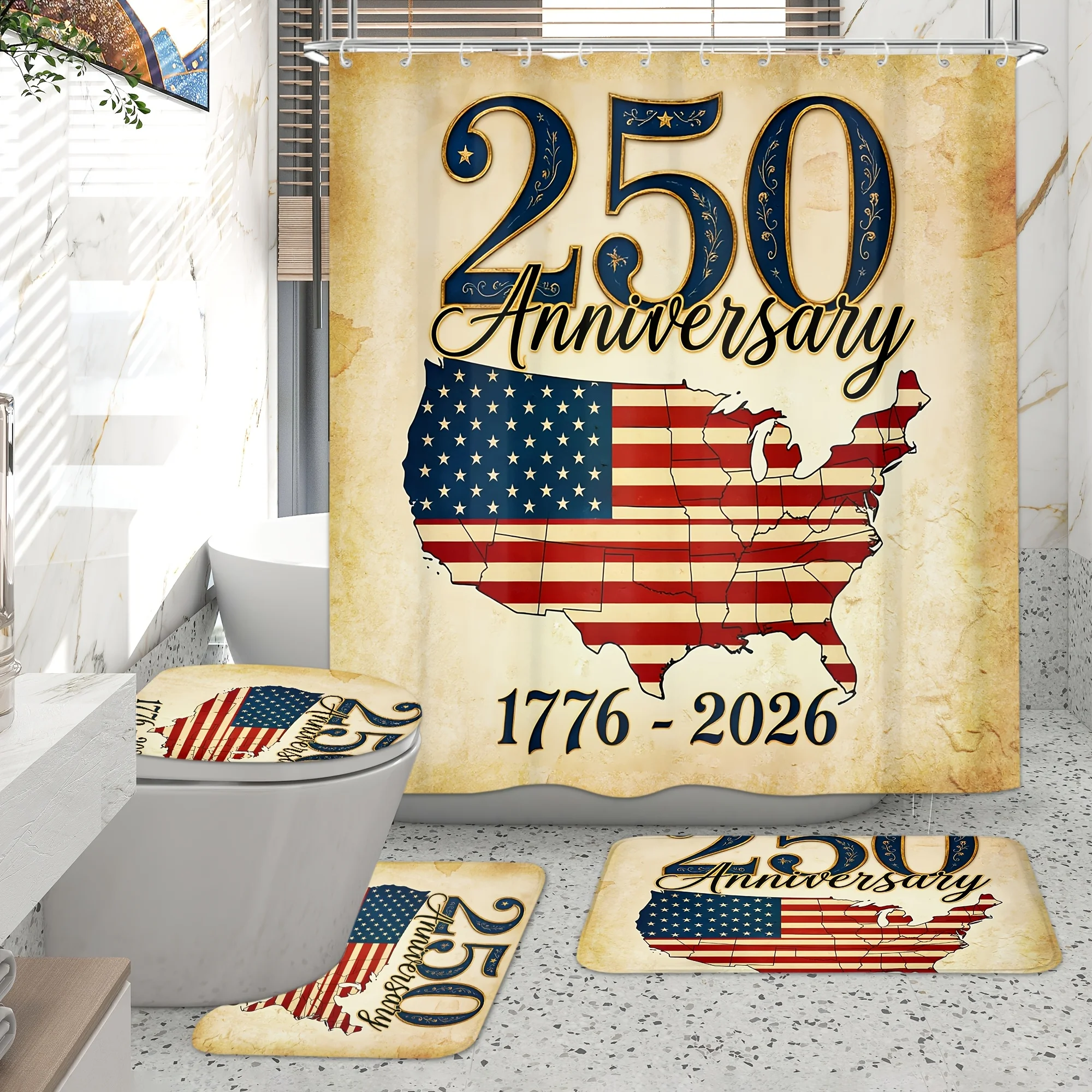 4PCS American Flag Shower Curtain Set with Bath Mat Toilet Seat Cover and Hooks for 4th of July Bathroom Decor
4PCS American Flag Shower Curtain Set with Bath Mat Toilet Seat Cover and Hooks for 4th of July Bathroom Decor