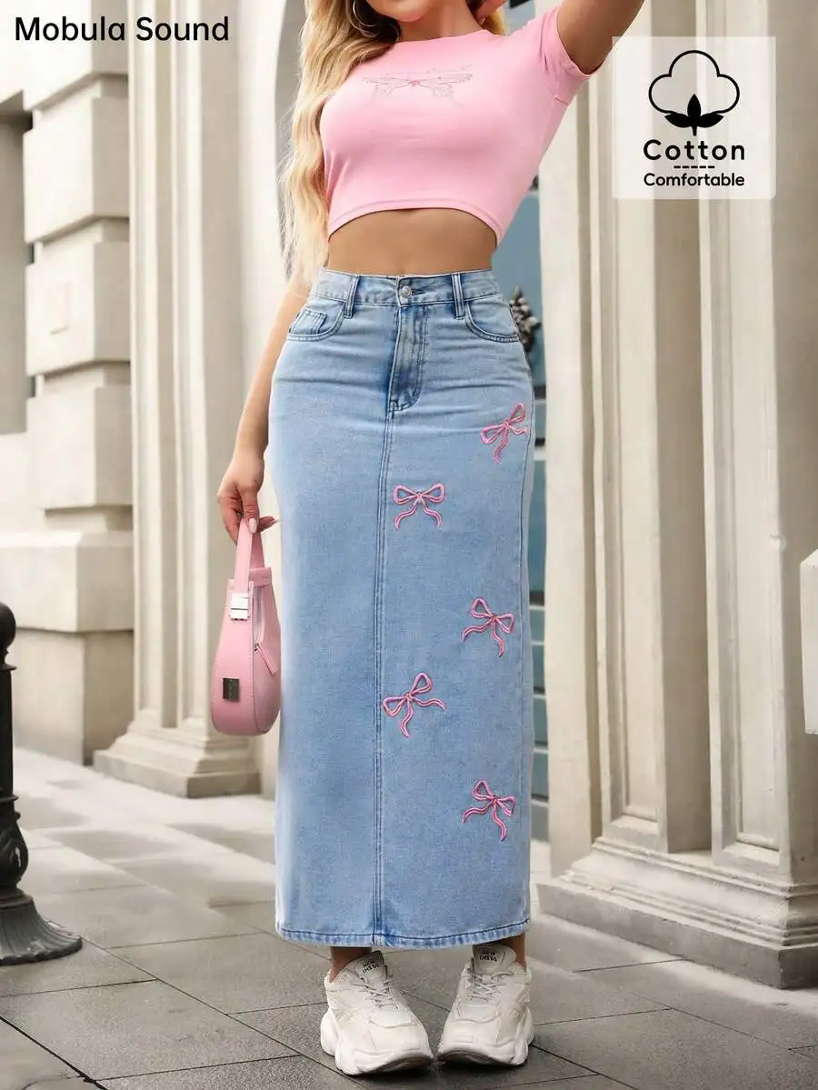 Cute Pink Bow Embroidered Bodycon Denim Midi Skirt for Women
Cute Pink Bow Embroidered Bodycon Denim Midi Skirt for Women