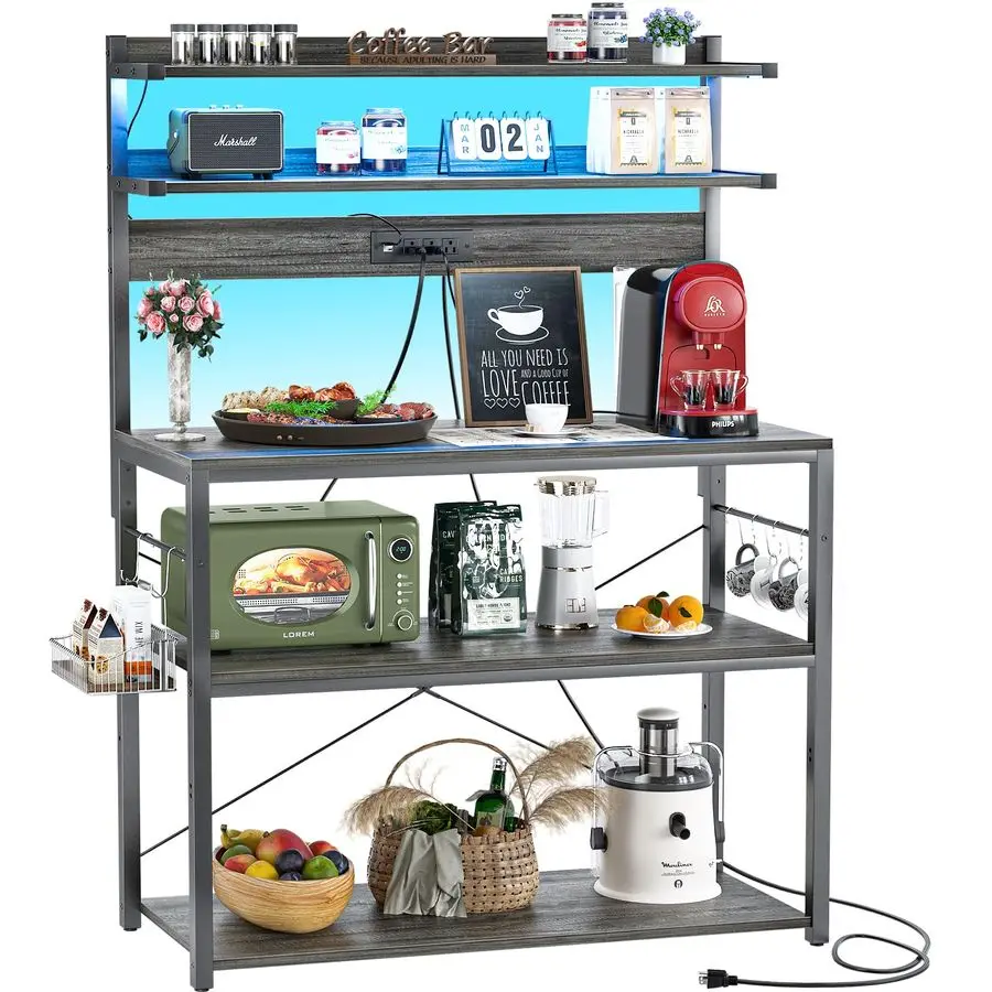 Bakers Rack with Power Outlet, Microwave Stand, 5 Tiers Coffee Bar Station with Led Lights, Kitchen Storage Shelf with 6 SShaped
Bakers Rack with Power Outlet, Microwave Stand, 5 Tiers Coffee Bar Station with Led Lights, Kitchen Storage Shelf with 6 SShaped