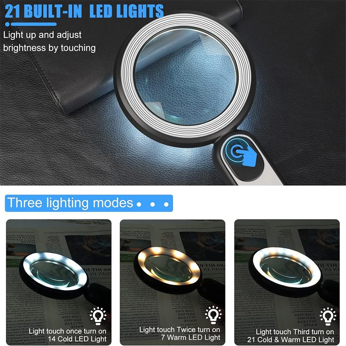 QA06R Rechargeable Magnifier with Light, Handheld Lightweight Luminous Magnifier 21 LED 3 Modes Lighting Book Magnifier
QA06R Rechargeable Magnifier with Light, Handheld Lightweight Luminous Magnifier 21 LED 3 Modes Lighting Book Magnifier