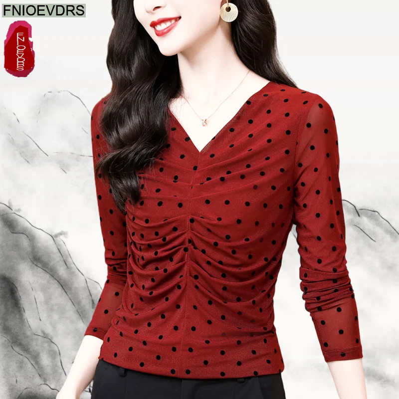Hot Draped Sheer Mesh Tops Blouses Fashion Women Autumn Long Sleeve Slim Fitted Basics Shirts V Neck Dot Top
Hot Draped Sheer Mesh Tops Blouses Fashion Women Autumn Long Sleeve Slim Fitted Basics Shirts V Neck Dot Top