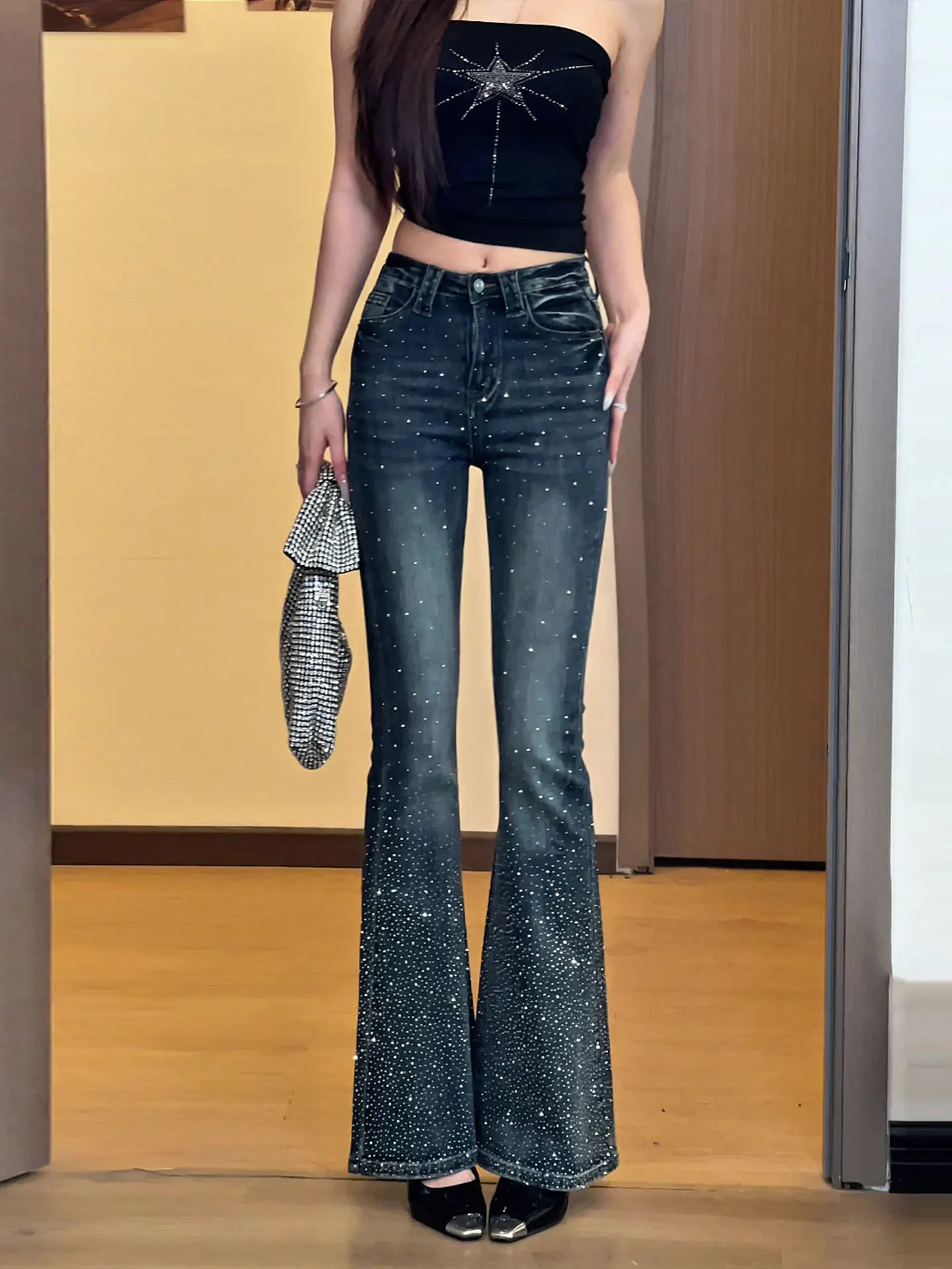 High Waist Bell Bottom Jeans Women's Spring Fashion Worn Jeans Sparkling Diamond Slimming Long Pants Cotton Stretch Denim
High Waist Bell Bottom Jeans Women's Spring Fashion Worn Jeans Sparkling Diamond Slimming Long Pants Cotton Stretch Denim