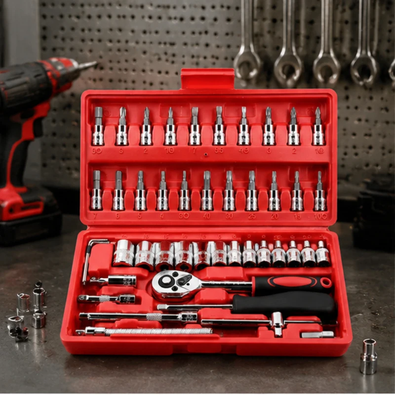 46PCS Socket Ratchet Wrench Set, 1/4 Inch Drive with Bit Sockets, Metric & Extension Bars, Heavy Duty Professional Auto Repair
46PCS Socket Ratchet Wrench Set, 1/4 Inch Drive with Bit Sockets, Metric & Extension Bars, Heavy Duty Professional Auto Repair