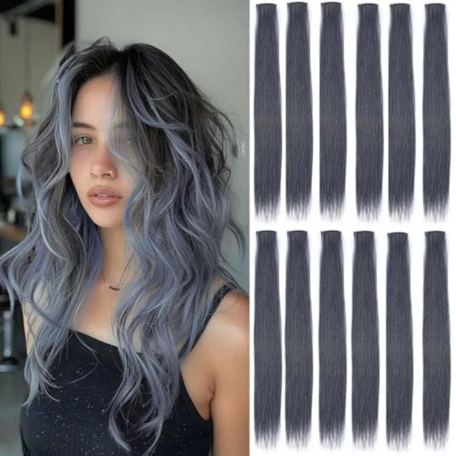 12 Pcs Ash Blue clip-in hair extensions for party highlights, synthetic fiber, ash blue color, easy clip-on application for kid
12 Pcs Ash Blue clip-in hair extensions for party highlights, synthetic fiber, ash blue color, easy clip-on application for kid
