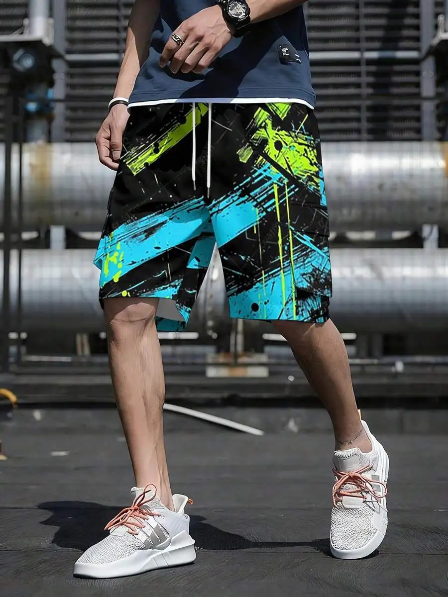 Mens Black Shorts With Blue And Green Abstract Paint Splatter Print, Cargo Pockets, Adjustable Drawstring Waist, Woven
Mens Black Shorts With Blue And Green Abstract Paint Splatter Print, Cargo Pockets, Adjustable Drawstring Waist, Woven