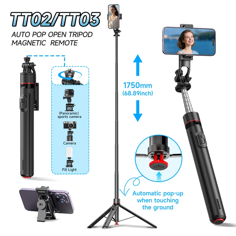 TT02/TT03 Selfie Stick Tripod Auto Pop Open Phone Stand with Magnetic Remote 1/4'' Screw for Cellphone Shooting Travel Outdoor
TT02/TT03 Selfie Stick Tripod Auto Pop Open Phone Stand with Magnetic Remote 1/4'' Screw for Cellphone Shooting Travel Outdoor