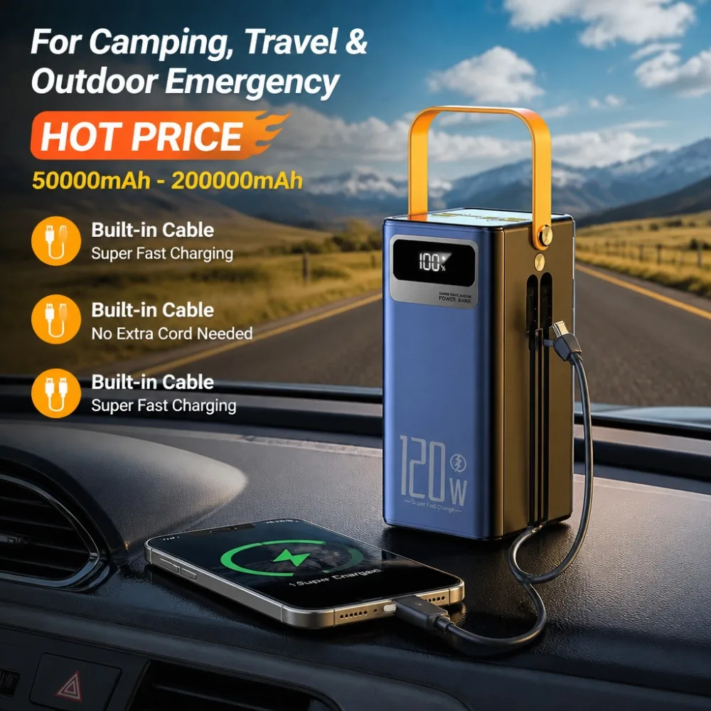 50000mAh 200000mAh Power Bank Portable Charger 100W Fast Charge Built-in 4 Cables Outdoor Camping Battery for iPhone Samsung
50000mAh 200000mAh Power Bank Portable Charger 100W Fast Charge Built-in 4 Cables Outdoor Camping Battery for iPhone Samsung