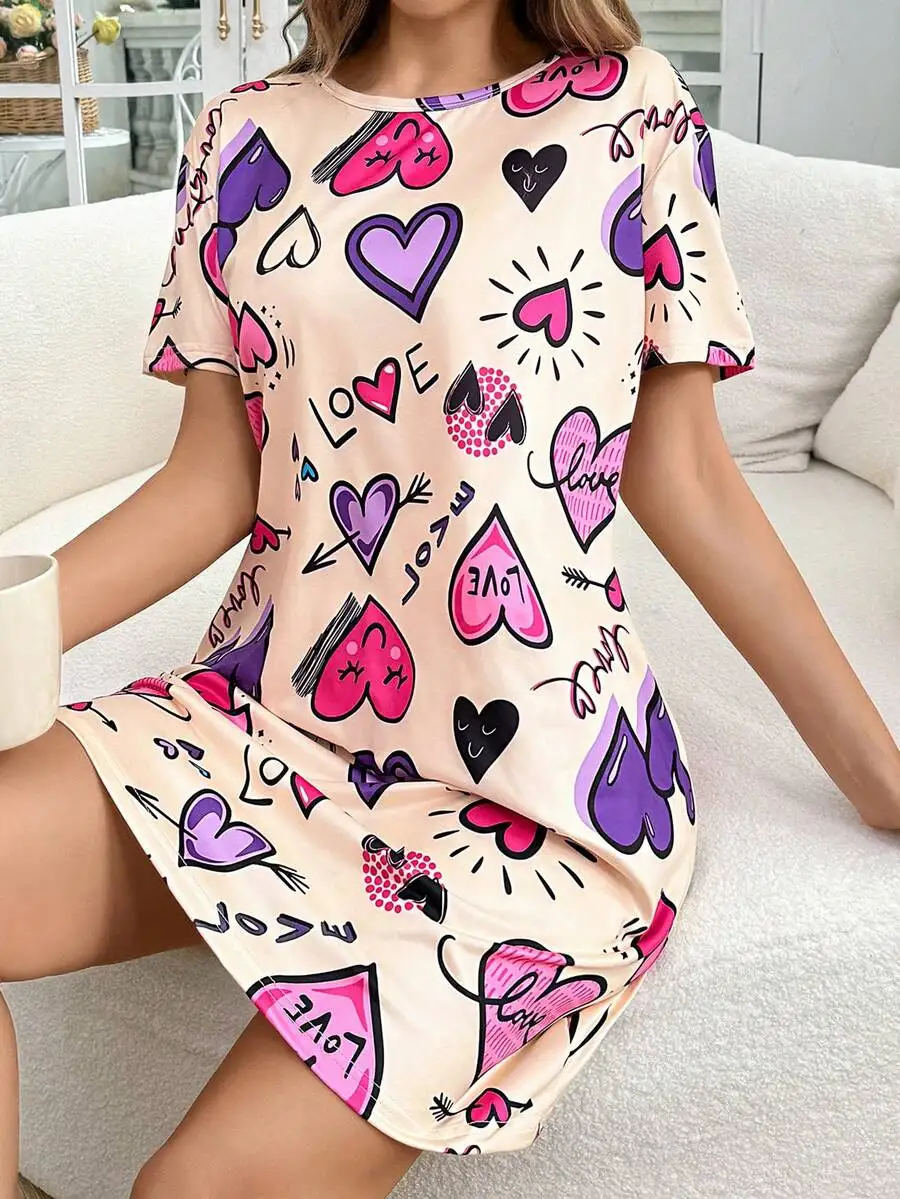 Heart And Letter Print Round Neck Short Sleeve Nightgown For Women
Heart And Letter Print Round Neck Short Sleeve Nightgown For Women