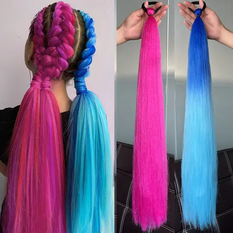 Synthetische DIY gevlochten paardenstaartverlenging met elastische rubberen band roze paars blauw lange rechte paardenstaart voor dames meisjes feest