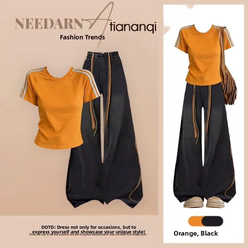 Summer Slim Fit Short Sleeve T-Shirt Women's round Neck Casual Stripe Two Piece Set Wide Leg Pants Loose Matching Top
Summer Slim Fit Short Sleeve T-Shirt Women's round Neck Casual Stripe Two Piece Set Wide Leg Pants Loose Matching Top