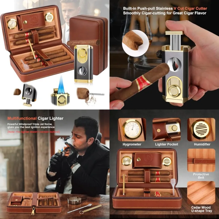 Travel Cigar Humidor, Cedar Wood Lined, with All-in-one Cigar Lighter, Built-in V Cutter Holder, Cigar Draw Enhancer, Hygromete
Travel Cigar Humidor, Cedar Wood Lined, with All-in-one Cigar Lighter, Built-in V Cutter Holder, Cigar Draw Enhancer, Hygromete